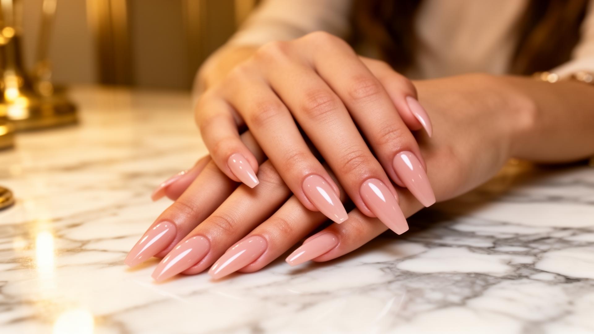 Unhas premium com esmaltação nude rosé em ambiente sofisticado
